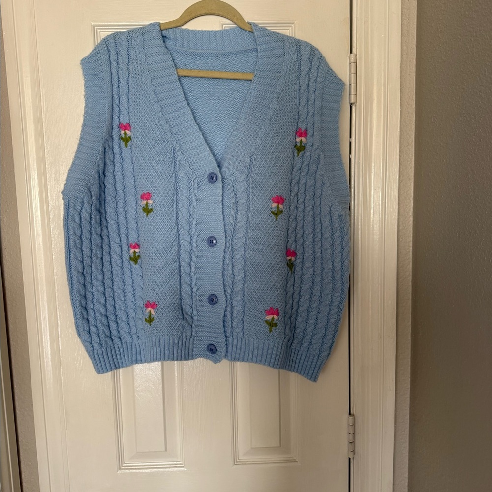 Blue Cable Knit Sweater Vest with Floral Embroidery